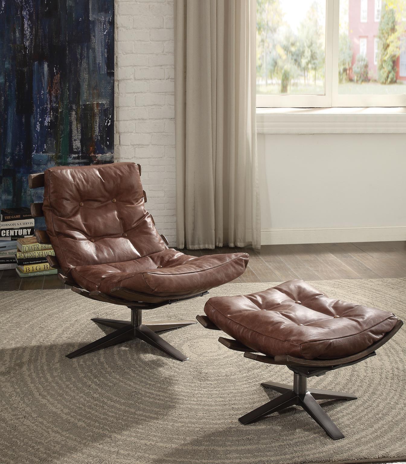 Brown leather deals chair with ottoman